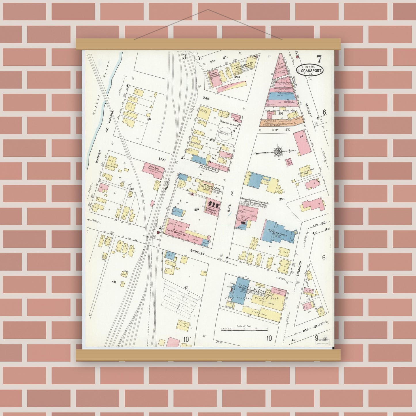 Old map wall art mockup — magnetic wood frame on brick wall — Sanborn Fire Insurance Map from Logansport, Cass County, Indiana (1911), Sheet #0007