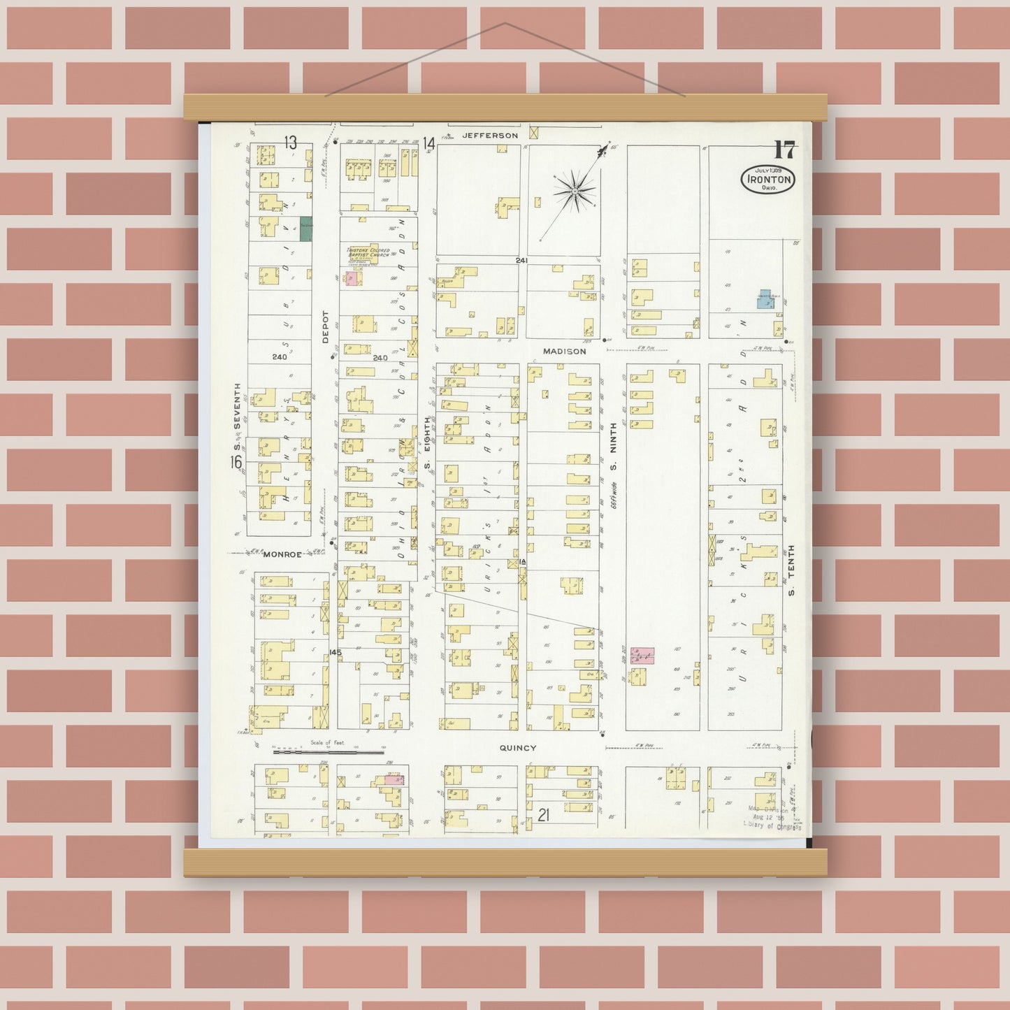 Old map wall art mockup — magnetic wood frame on brick wall — Sanborn Fire Insurance Map from Ironton, Lawrence County, Ohio (1909), Sheet #0017