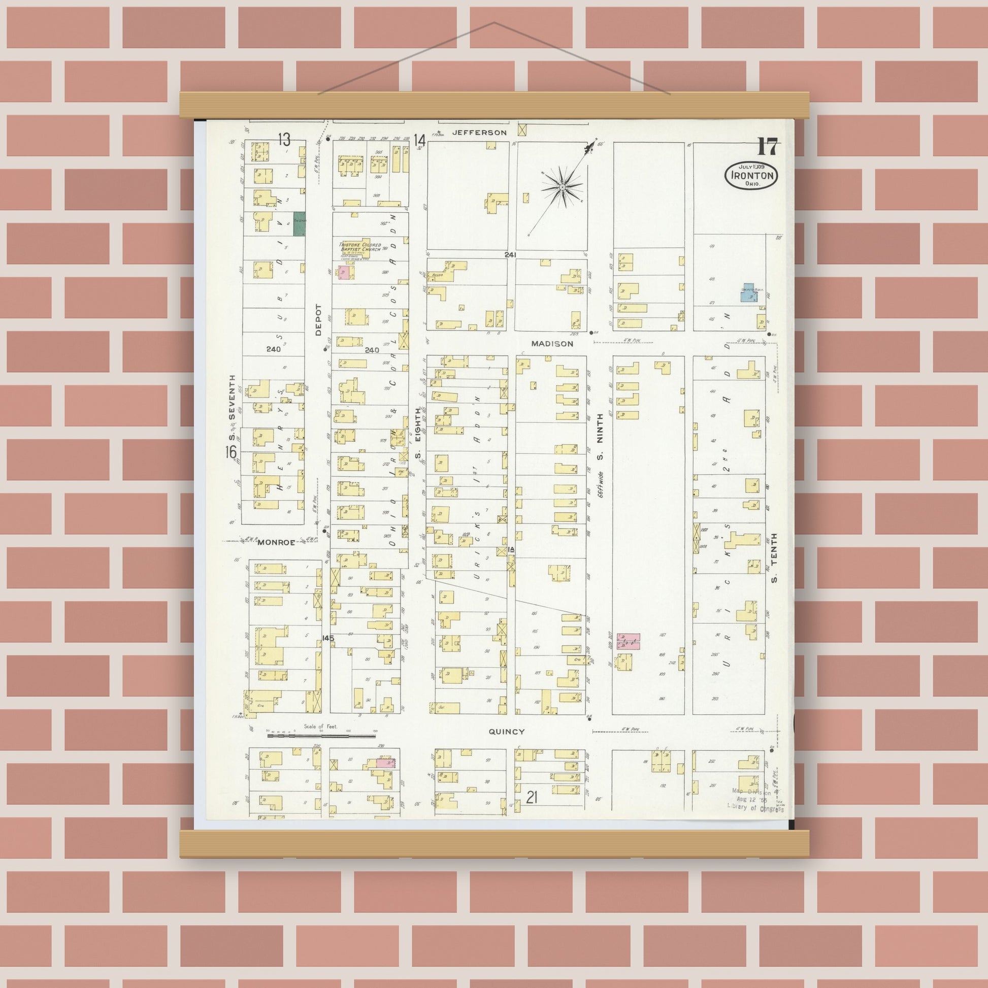 Old map wall art mockup — magnetic wood frame on brick wall — Sanborn Fire Insurance Map from Ironton, Lawrence County, Ohio (1909), Sheet #0017