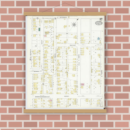 Old map wall art mockup — magnetic wood frame on brick wall — Sanborn Fire Insurance Map from Ironton, Lawrence County, Ohio (1909), Sheet #0017
