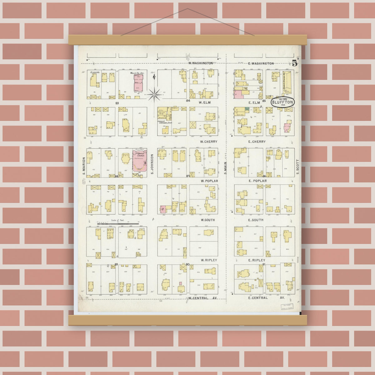 Old map wall art mockup — magnetic wood frame on brick wall — Sanborn Fire Insurance Map from Bluffton, Wells County, Indiana (1895), Sheet #0005