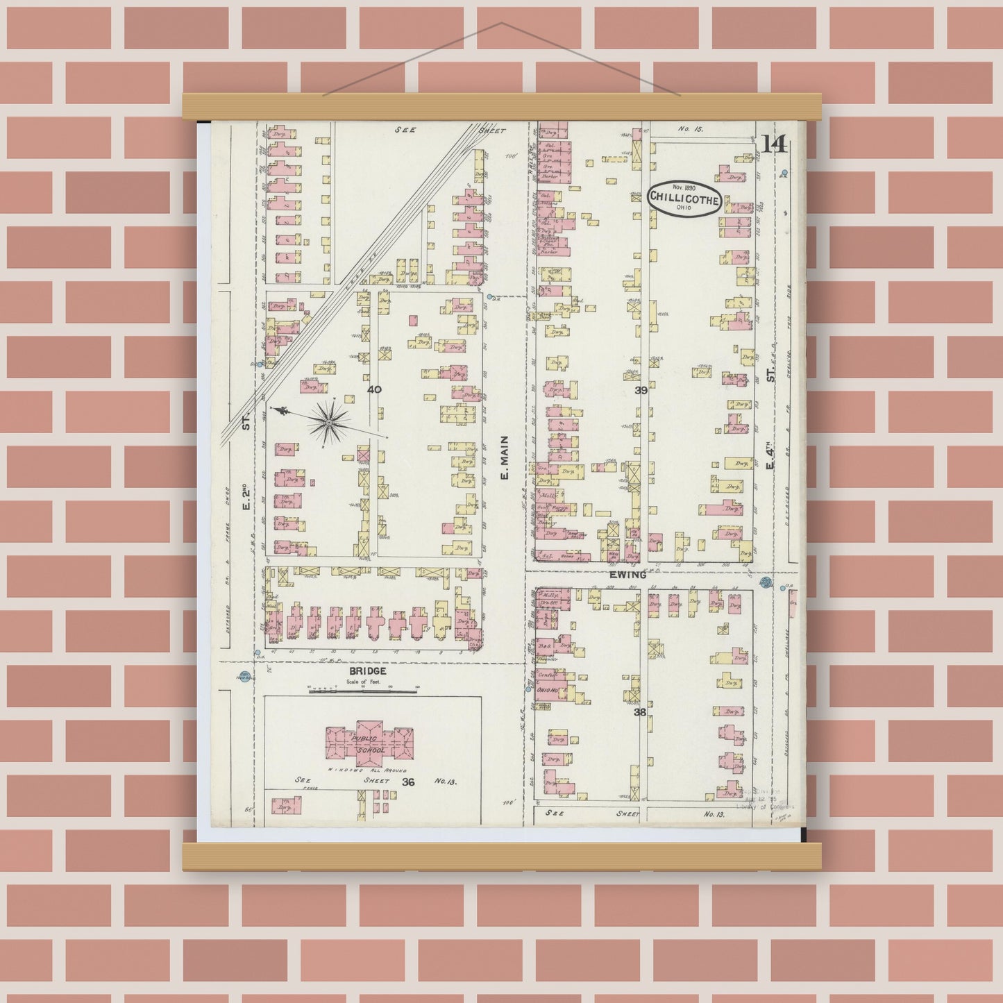 Old map wall art mockup — magnetic wood frame on brick wall — Sanborn Fire Insurance Map from Chillicothe, Ross County, Ohio (1890), Sheet #0014