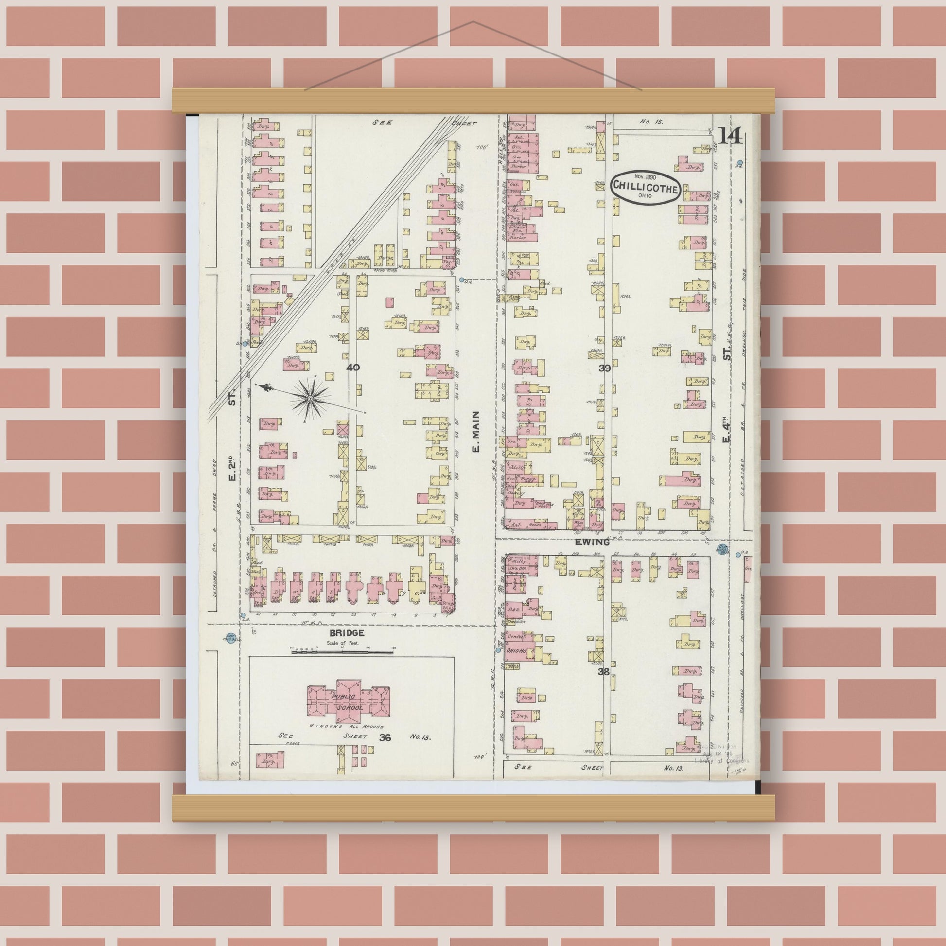 Old map wall art mockup — magnetic wood frame on brick wall — Sanborn Fire Insurance Map from Chillicothe, Ross County, Ohio (1890), Sheet #0014