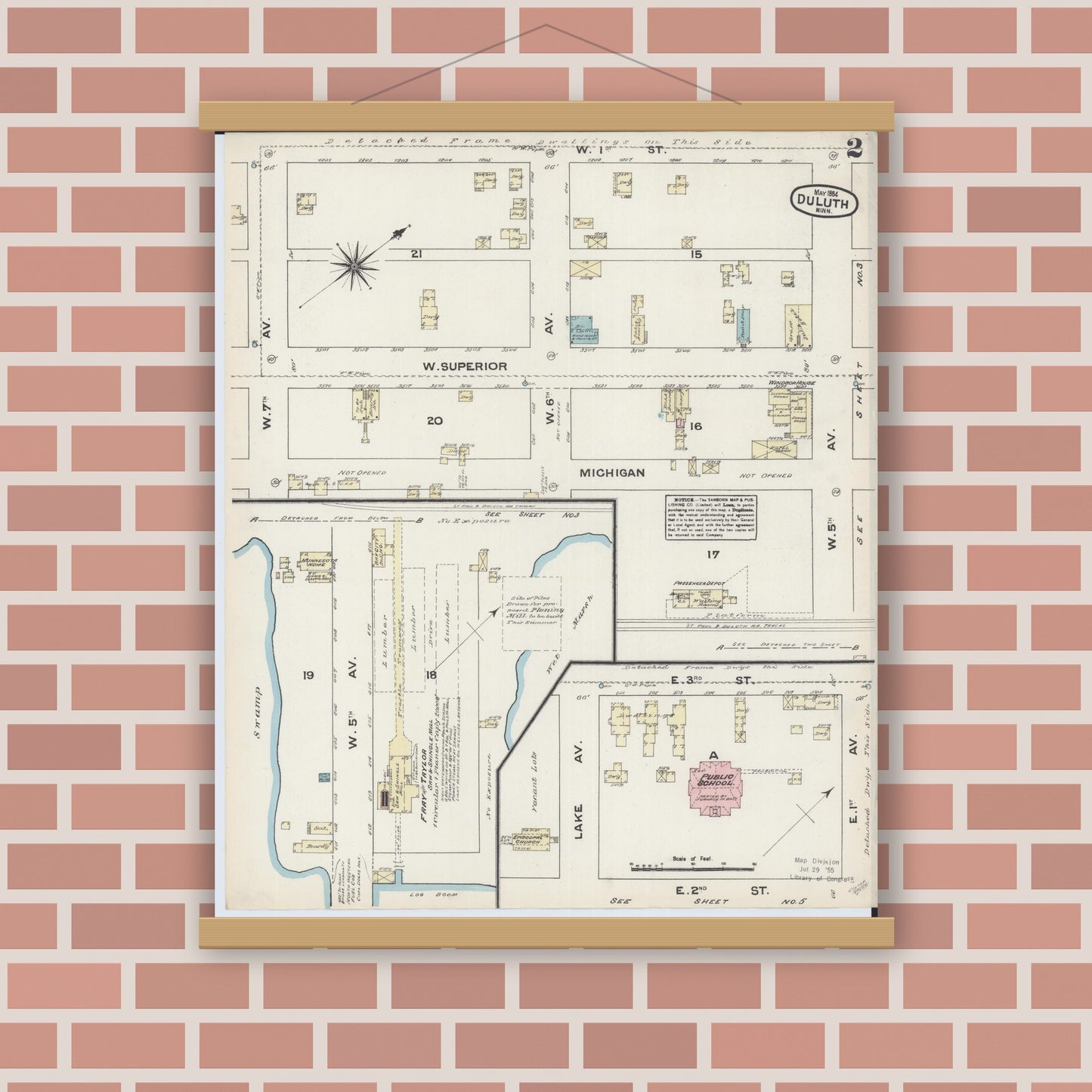 Old map wall art mockup — magnetic wood frame on brick wall — Sanborn Fire Insurance Map from Duluth, Saint Louis County, Minnesota (1884), Sheet #0002
