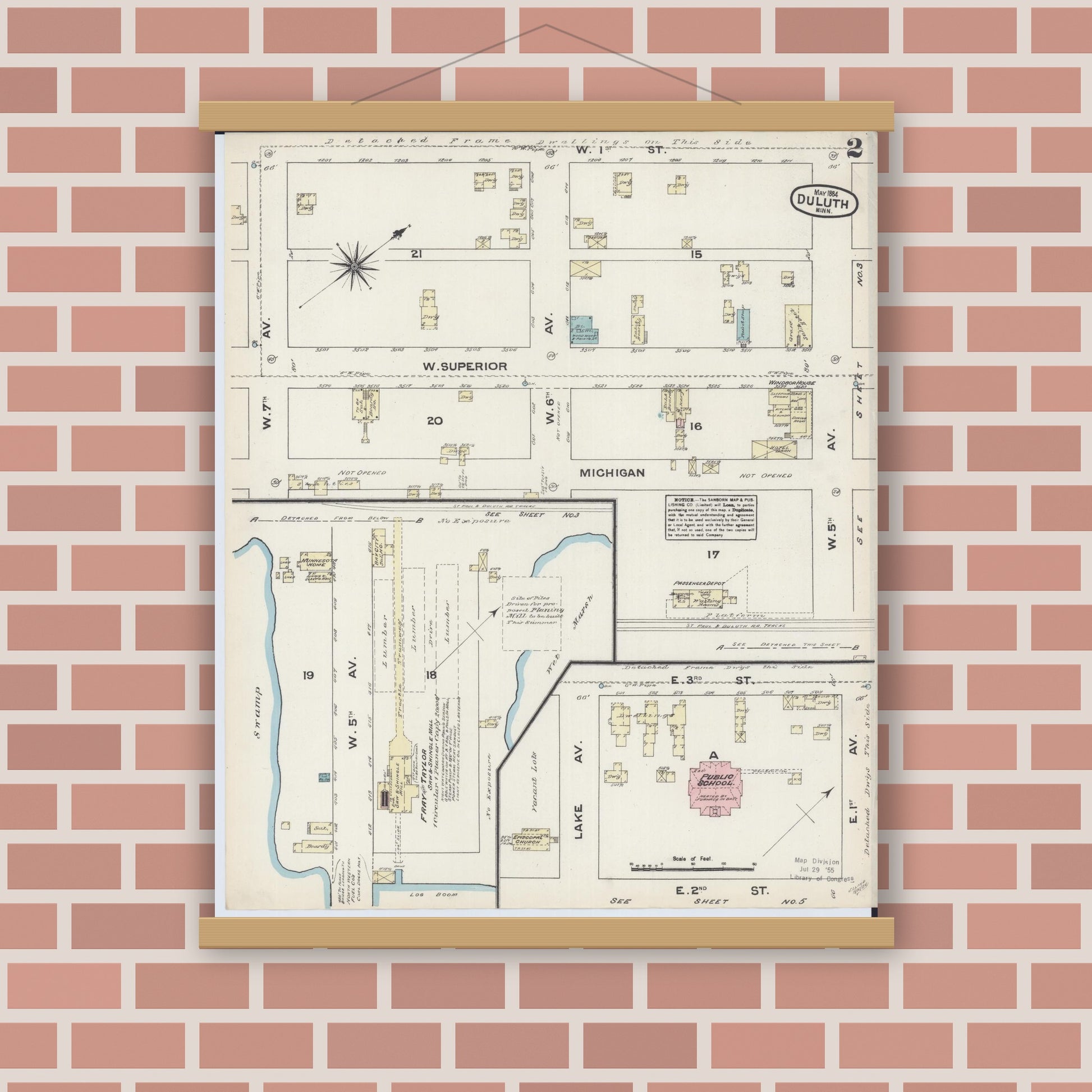 Old map wall art mockup — magnetic wood frame on brick wall — Sanborn Fire Insurance Map from Duluth, Saint Louis County, Minnesota (1884), Sheet #0002
