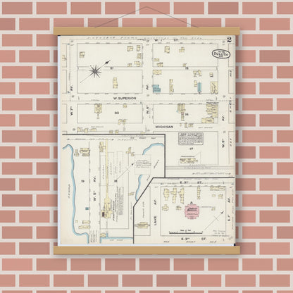 Old map wall art mockup — magnetic wood frame on brick wall — Sanborn Fire Insurance Map from Duluth, Saint Louis County, Minnesota (1884), Sheet #0002