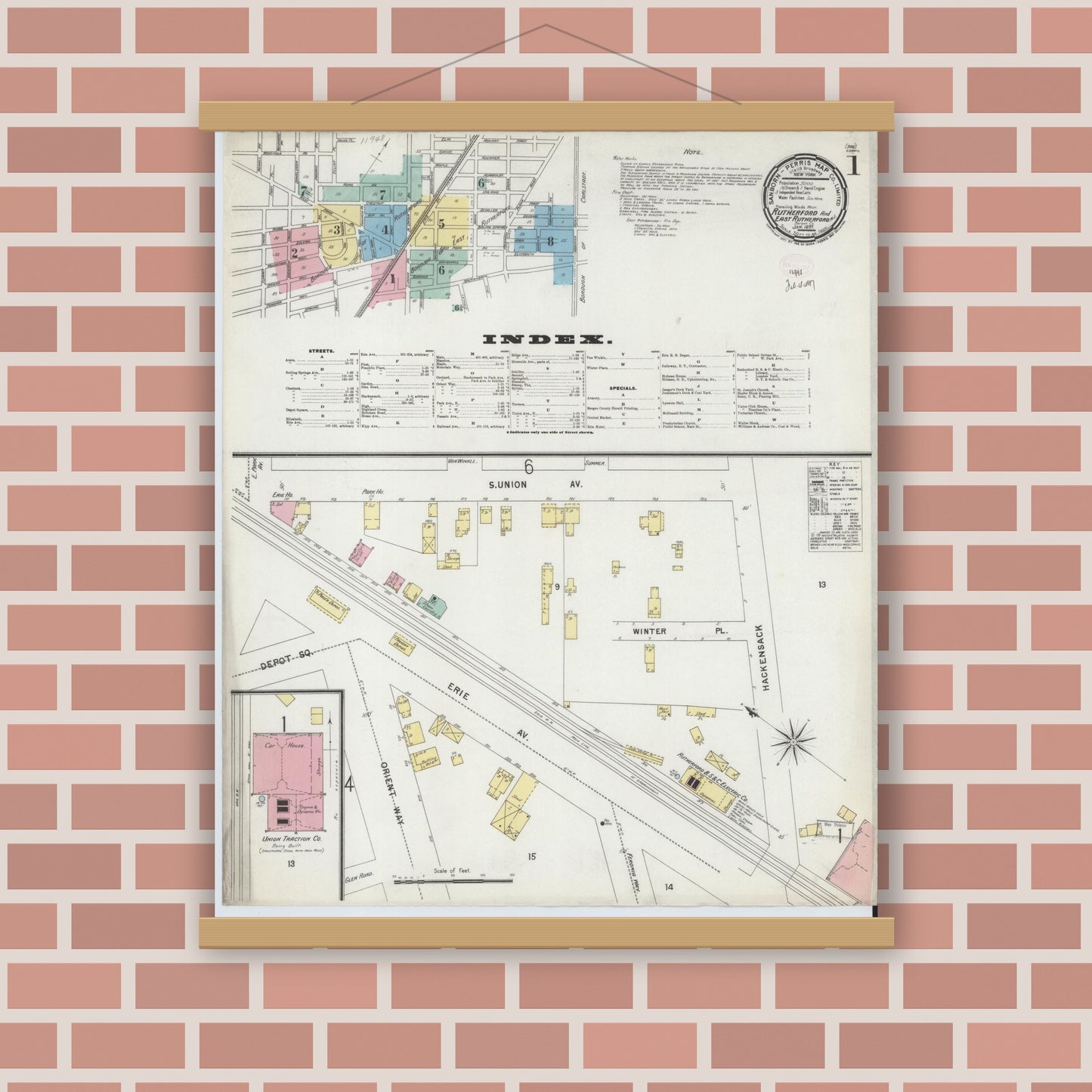 Old map wall art mockup — magnetic wood frame on brick wall — Sanborn Fire Insurance Map from Rutherford, Bergen County, New Jersey (1897) - Complete Map Set