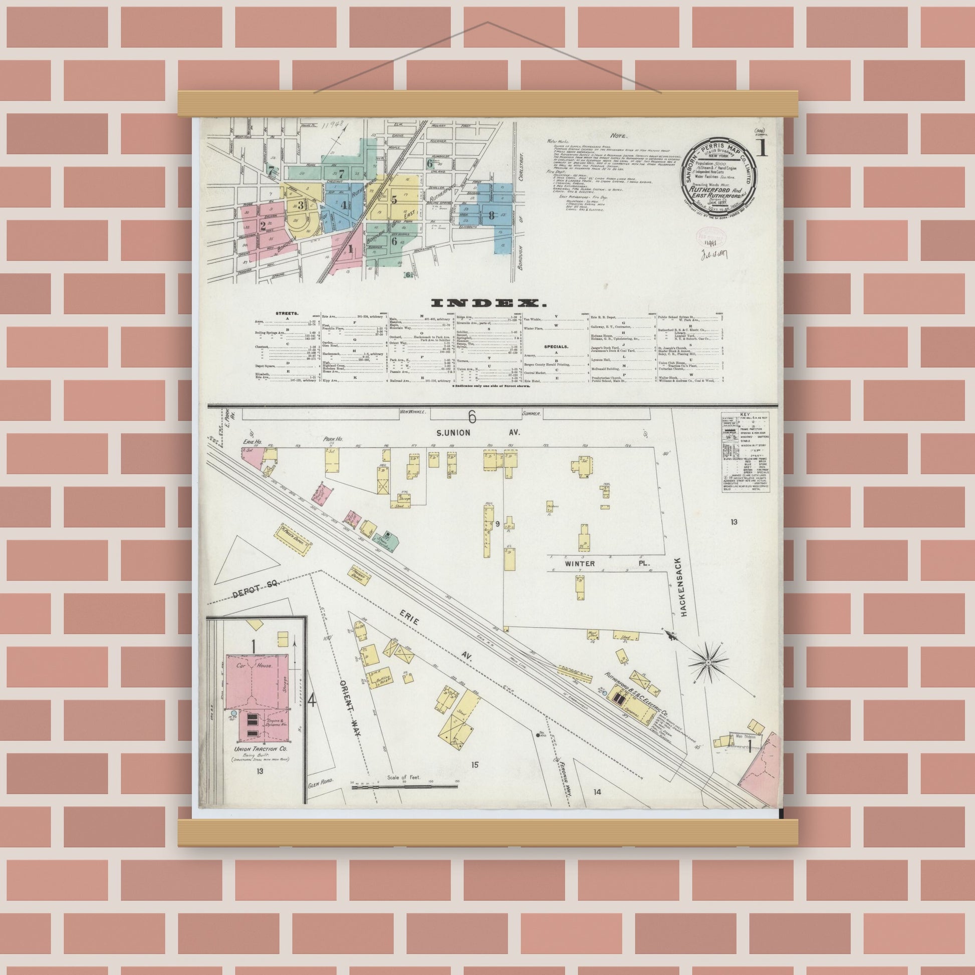 Old map wall art mockup — magnetic wood frame on brick wall — Sanborn Fire Insurance Map from Rutherford, Bergen County, New Jersey (1897) - Complete Map Set