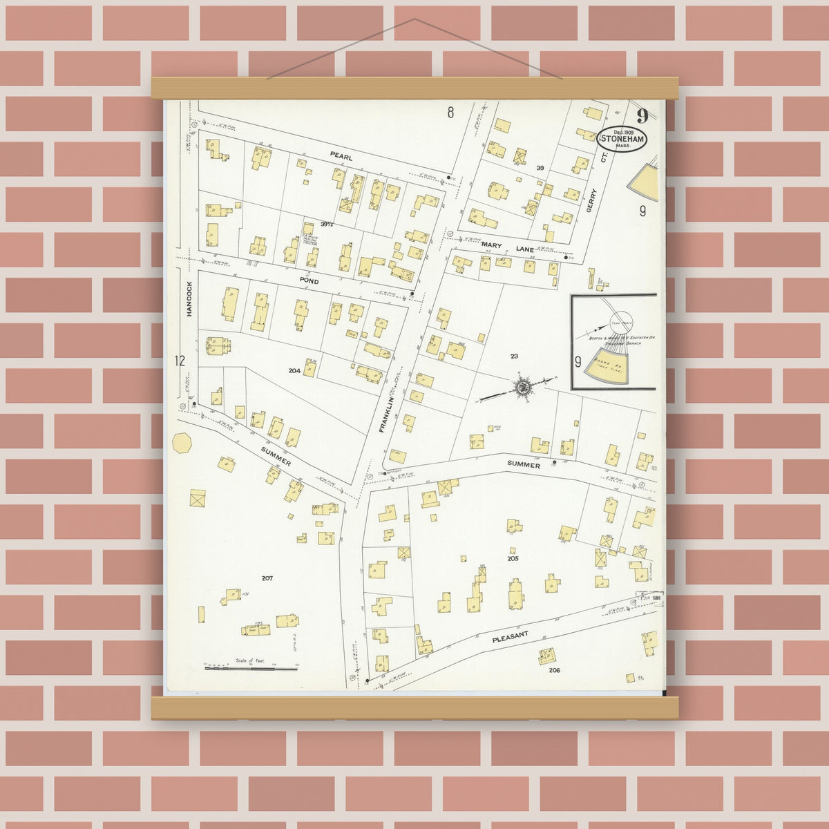 Old map wall art mockup — magnetic wood frame on brick wall — Sanborn Fire Insurance Map from Stoneham, Middlesex County, Massachusetts (1909), Sheet #0009