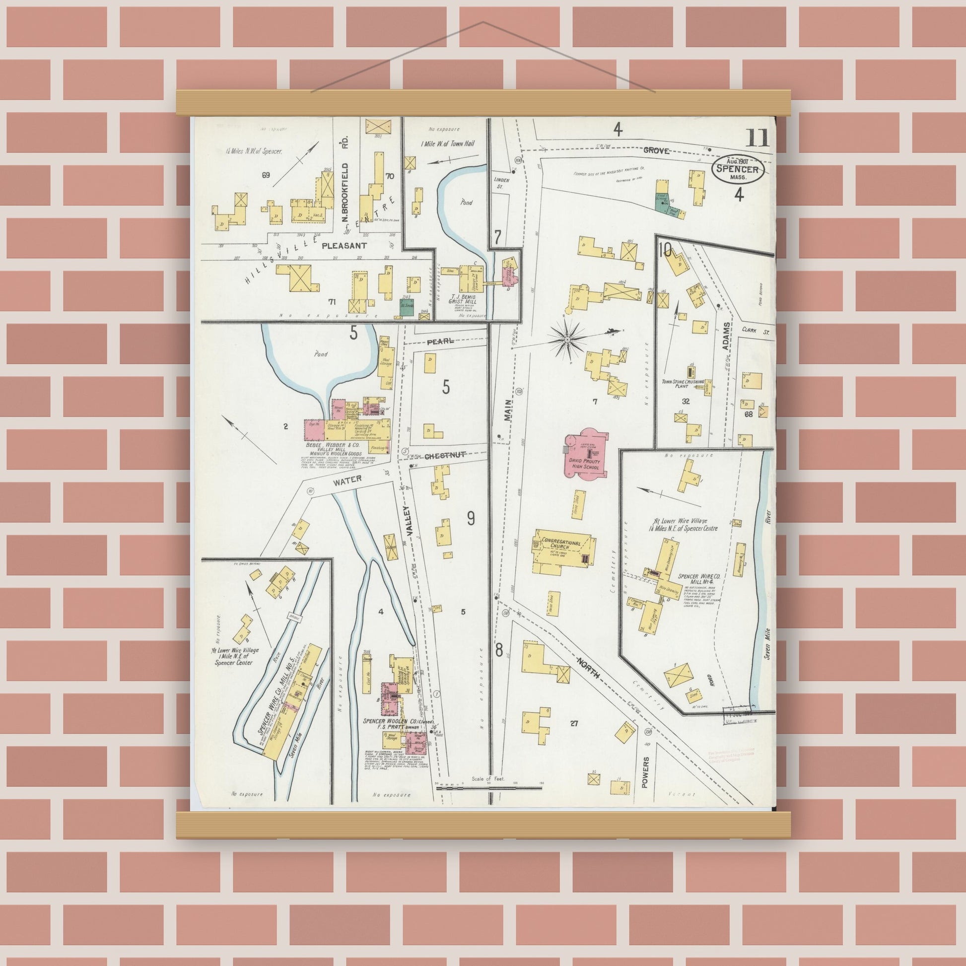 Old map wall art mockup — magnetic wood frame on brick wall — Sanborn Fire Insurance Map from Spencer, Worcester County, Massachusetts (1901), Sheet #0011