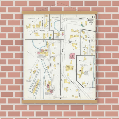 Old map wall art mockup — magnetic wood frame on brick wall — Sanborn Fire Insurance Map from Spencer, Worcester County, Massachusetts (1901), Sheet #0011