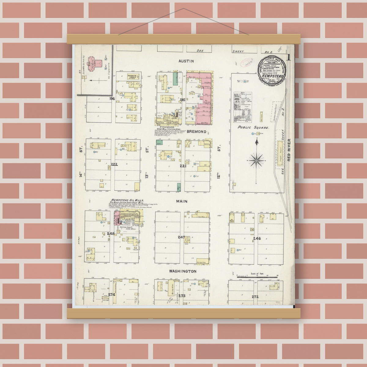 Old map wall art mockup — magnetic wood frame on brick wall — Sanborn Fire Insurance Map from Hempstead, Waller County, Texas (1891), Sheet #0001