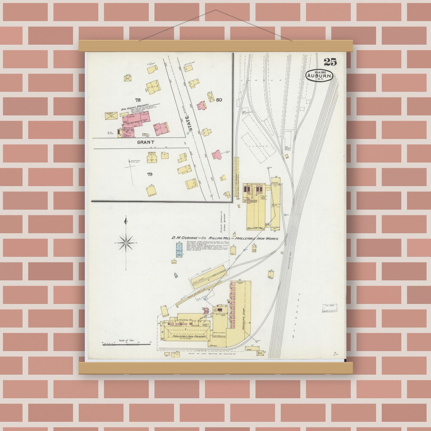 Old map wall art mockup — magnetic wood frame on brick wall — Sanborn Fire Insurance Map from Auburn, Cayuga County, New York (1892), Sheet #0025