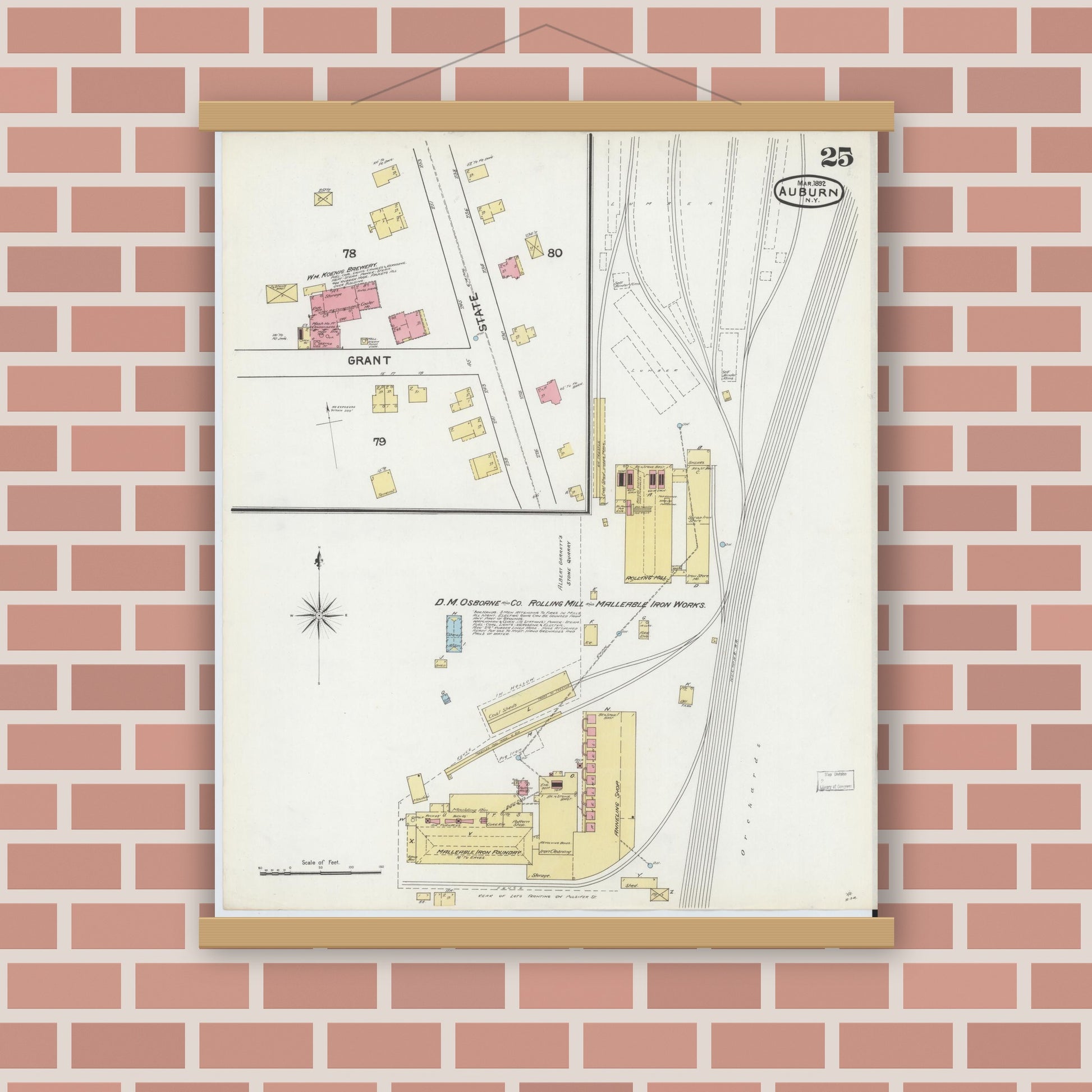 Old map wall art mockup — magnetic wood frame on brick wall — Sanborn Fire Insurance Map from Auburn, Cayuga County, New York (1892), Sheet #0025