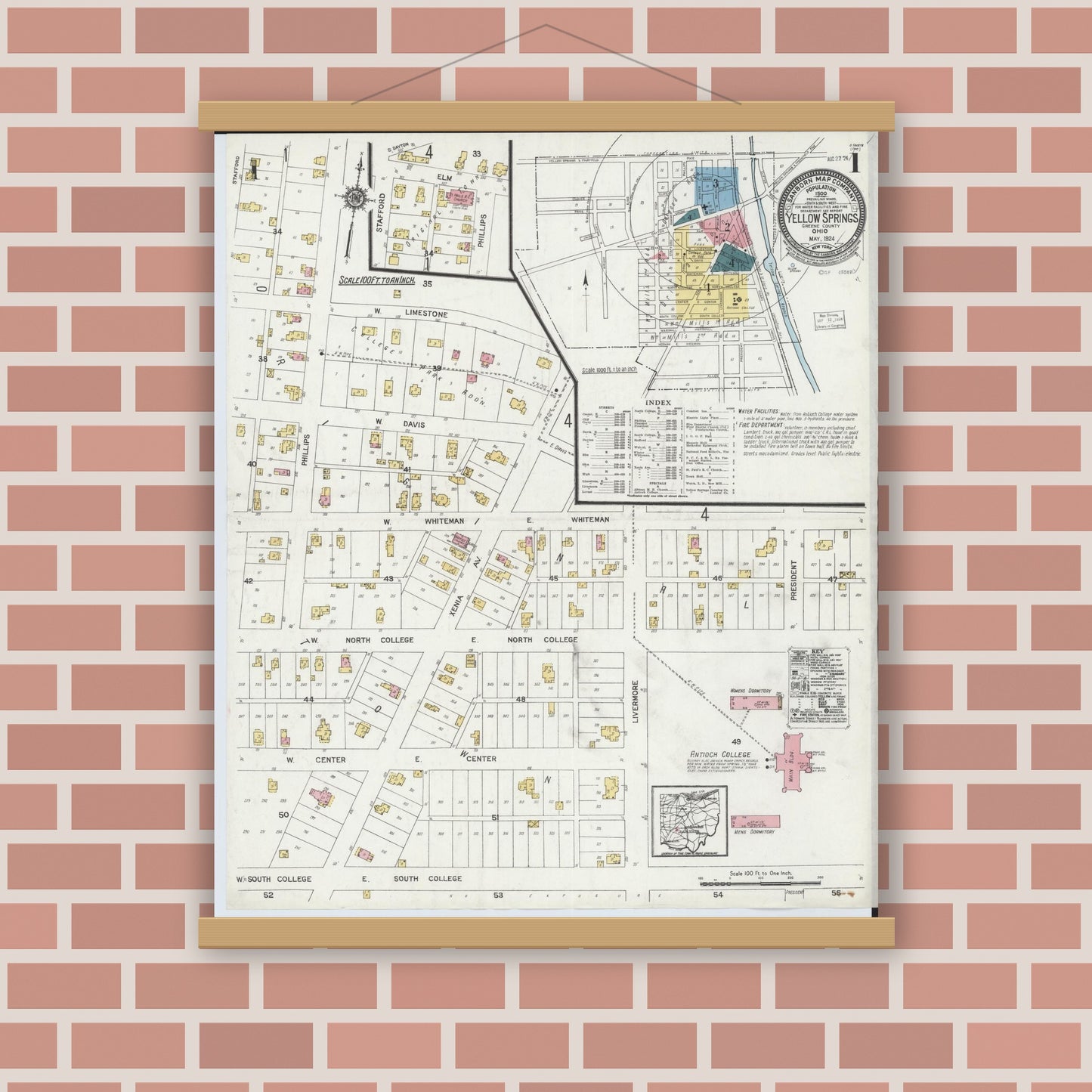 Old map wall art mockup — magnetic wood frame on brick wall — Sanborn Fire Insurance Map from Yellow Springs, Greene County, Ohio (1924) - Complete Map Set