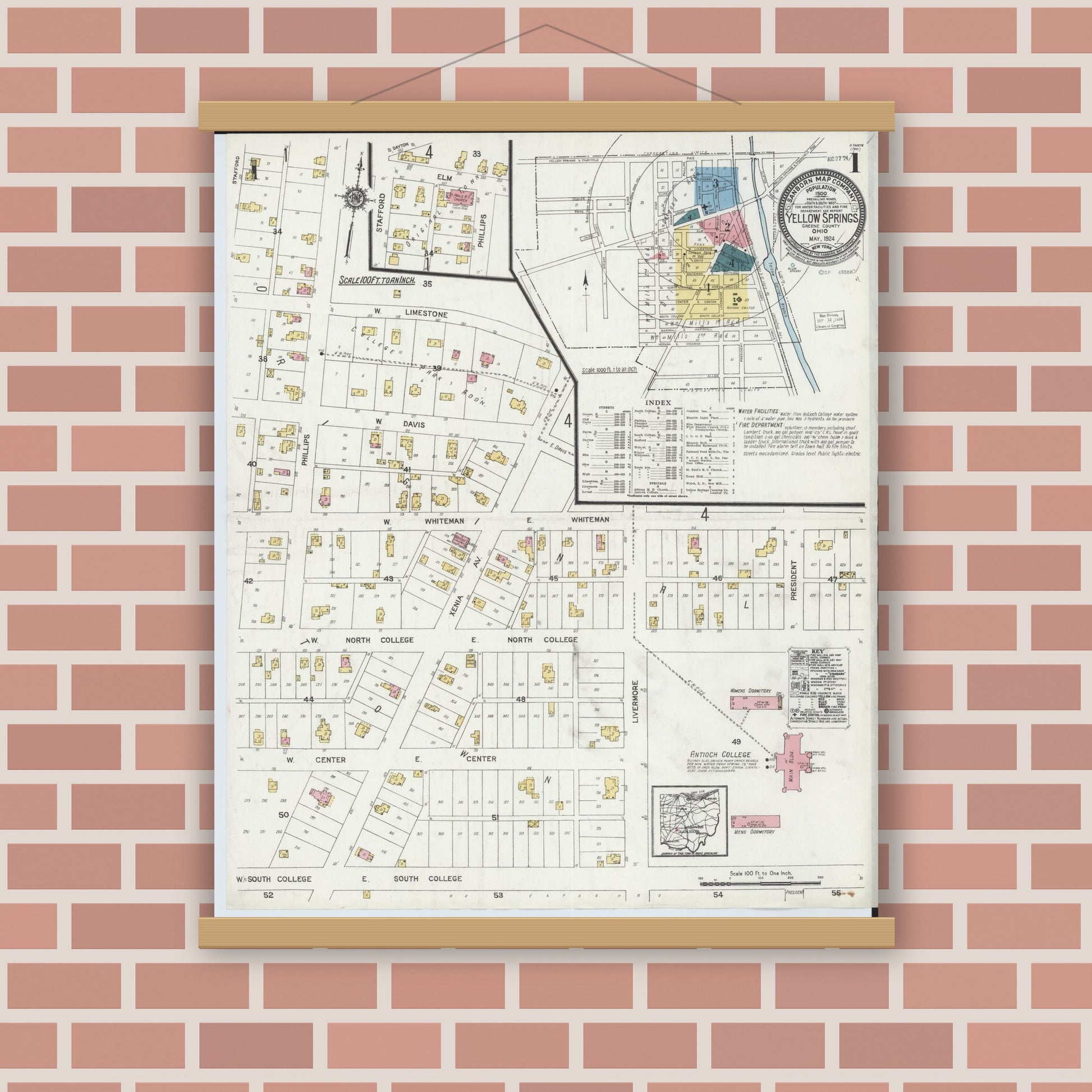 Old map wall art mockup — magnetic wood frame on brick wall — Sanborn Fire Insurance Map from Yellow Springs, Greene County, Ohio (1924) - Complete Map Set