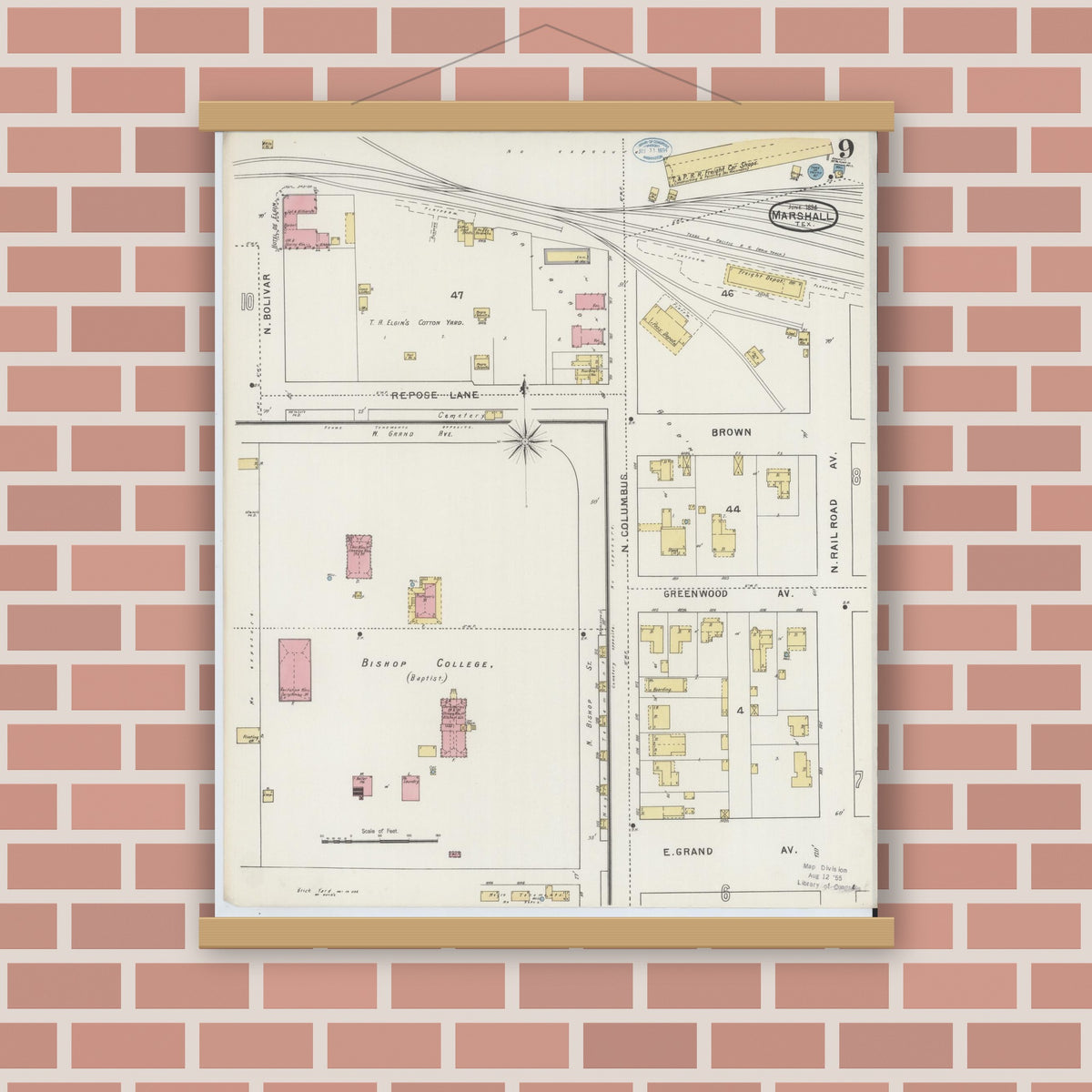 Old map wall art mockup — magnetic wood frame on brick wall — Sanborn Fire Insurance Map from Marshall, Harrison County, Texas (1894), Sheet #0009