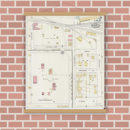 Old map wall art mockup — magnetic wood frame on brick wall — Sanborn Fire Insurance Map from Marshall, Harrison County, Texas (1894), Sheet #0009