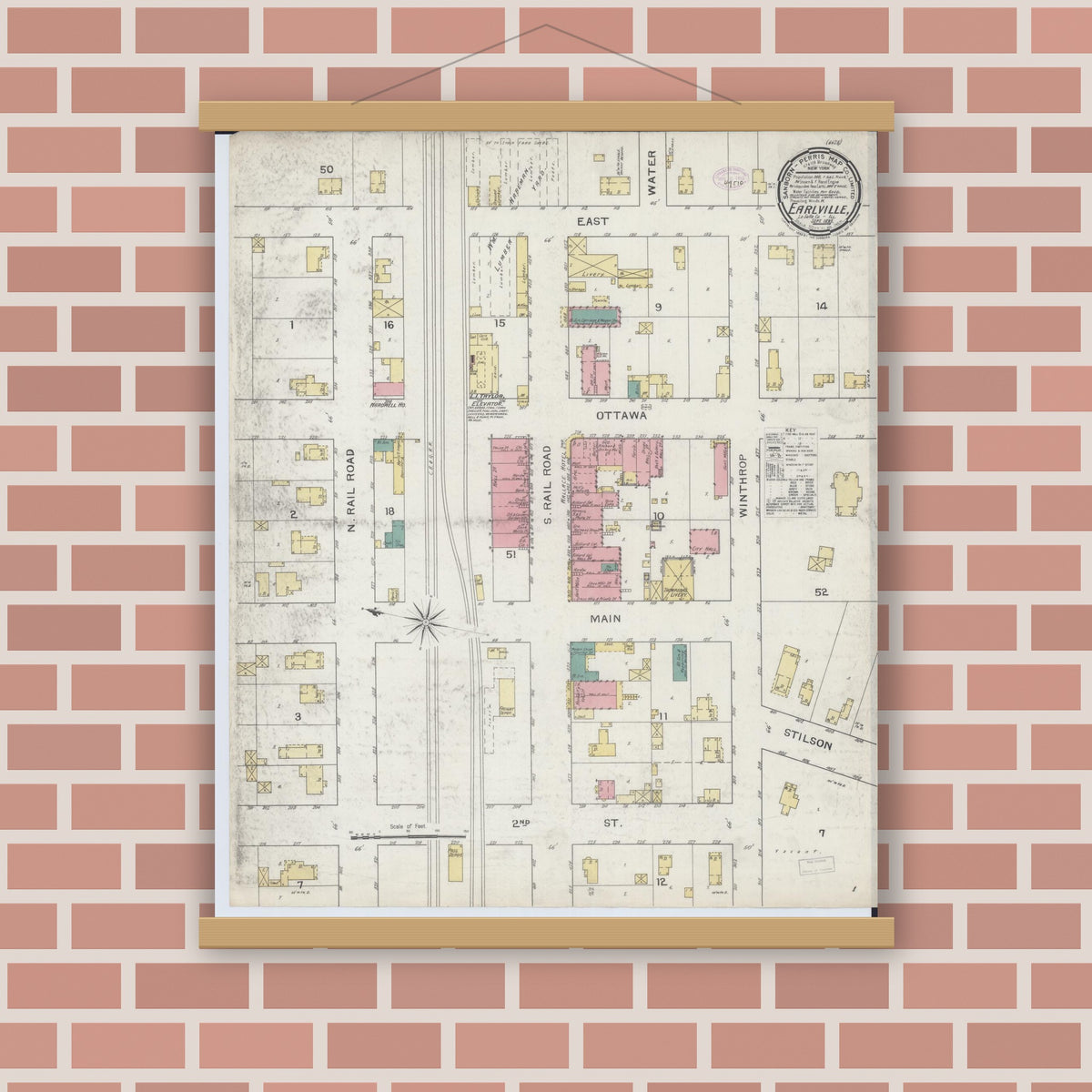 Old map wall art mockup — magnetic wood frame on brick wall — Sanborn Fire Insurance Map from Earlville, La Salle County, Illinois (1893), Sheet #0001