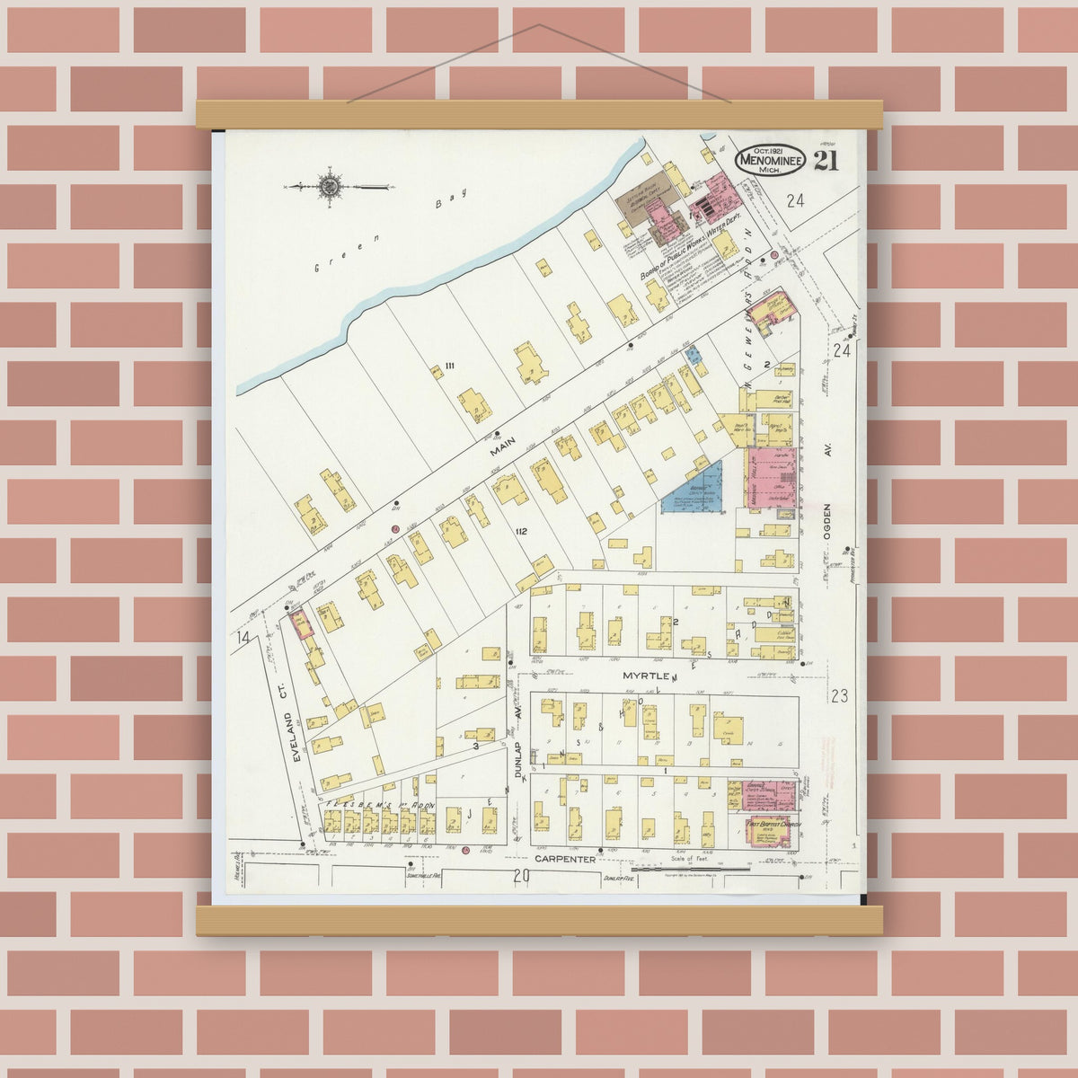 Old map wall art mockup — magnetic wood frame on brick wall — Sanborn Fire Insurance Map from Menominee, Menominee County, Michigan (1921), Sheet #0021