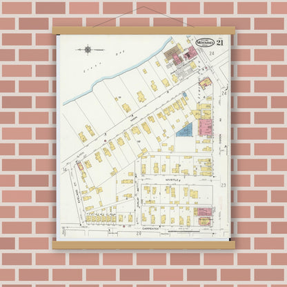 Old map wall art mockup — magnetic wood frame on brick wall — Sanborn Fire Insurance Map from Menominee, Menominee County, Michigan (1921), Sheet #0021