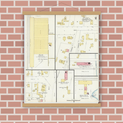 Old map wall art mockup — magnetic wood frame on brick wall — Sanborn Fire Insurance Map from Brookfield, Worcester County, Massachusetts (1898), Sheet #0002
