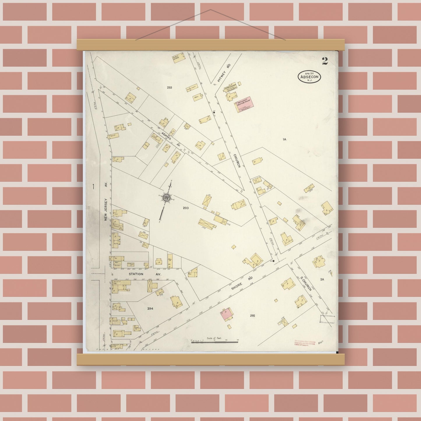 Old map wall art mockup — magnetic wood frame on brick wall — Sanborn Fire Insurance Map from Absecon, Atlantic County, New Jersey (1911), Sheet #0002