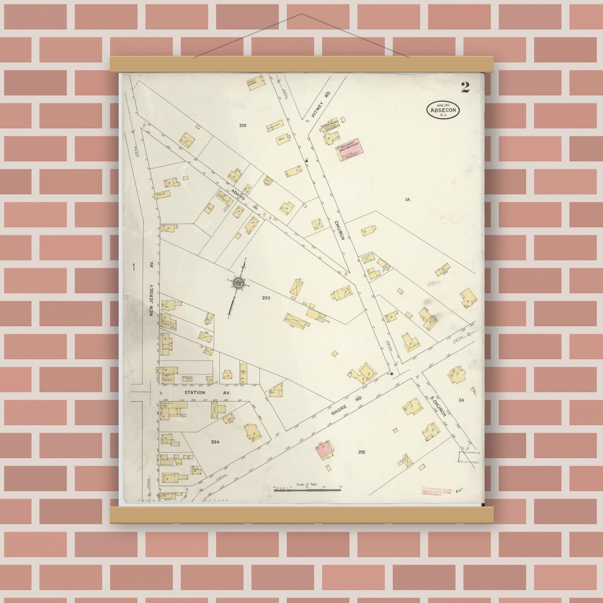 Old map wall art mockup — magnetic wood frame on brick wall — Sanborn Fire Insurance Map from Absecon, Atlantic County, New Jersey (1911), Sheet #0002