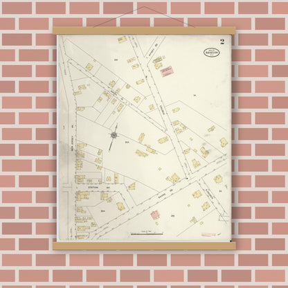 Old map wall art mockup — magnetic wood frame on brick wall — Sanborn Fire Insurance Map from Absecon, Atlantic County, New Jersey (1911), Sheet #0002