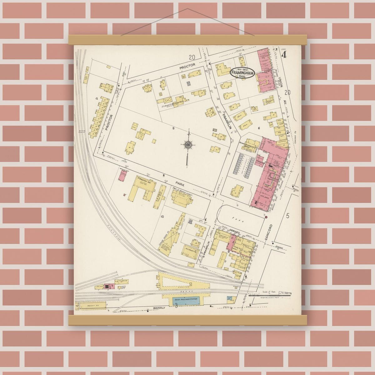 Old map wall art mockup — magnetic wood frame on brick wall — Sanborn Fire Insurance Map from Framingham, Middlesex County, Massachusetts (1922), Sheet #0004