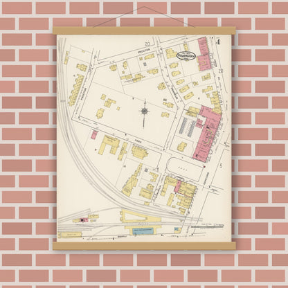 Old map wall art mockup — magnetic wood frame on brick wall — Sanborn Fire Insurance Map from Framingham, Middlesex County, Massachusetts (1922), Sheet #0004