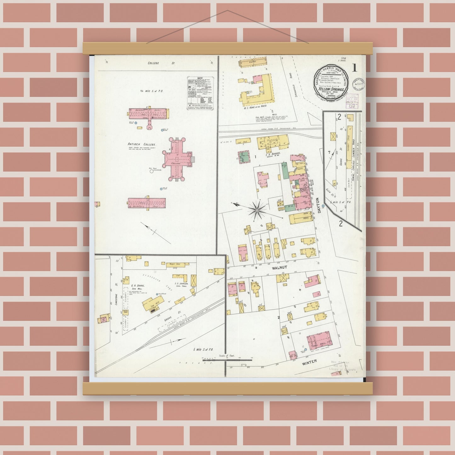 Old map wall art mockup — magnetic wood frame on brick wall — Sanborn Fire Insurance Map from Yellow Springs, Greene County, Ohio (1901), Sheet #0001