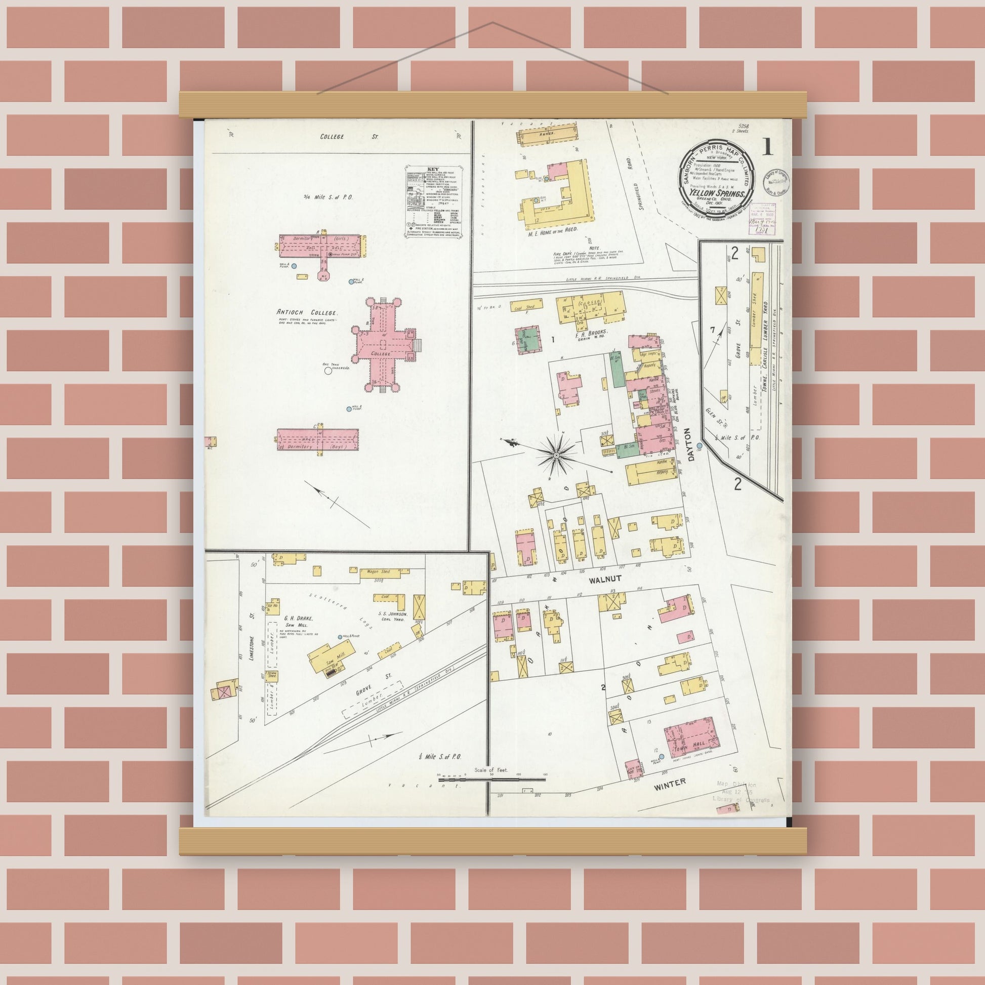 Old map wall art mockup — magnetic wood frame on brick wall — Sanborn Fire Insurance Map from Yellow Springs, Greene County, Ohio (1901), Sheet #0001