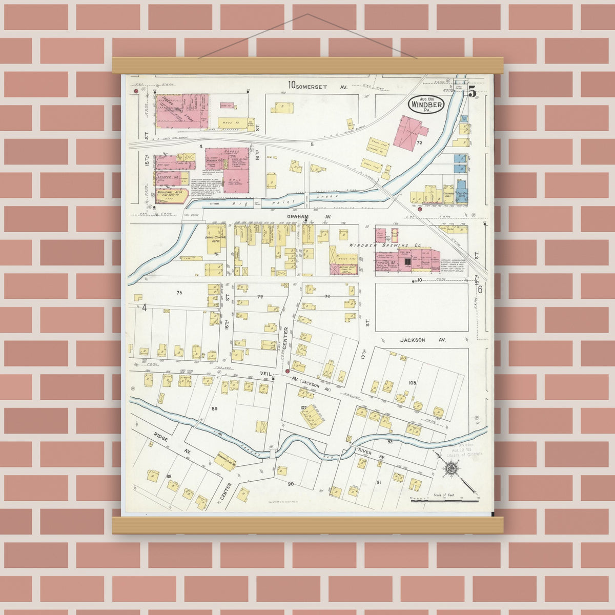 Old map wall art mockup — magnetic wood frame on brick wall — Sanborn Fire Insurance Map from Windber, Somerset County, Pennsylvania (1916), Sheet #0005