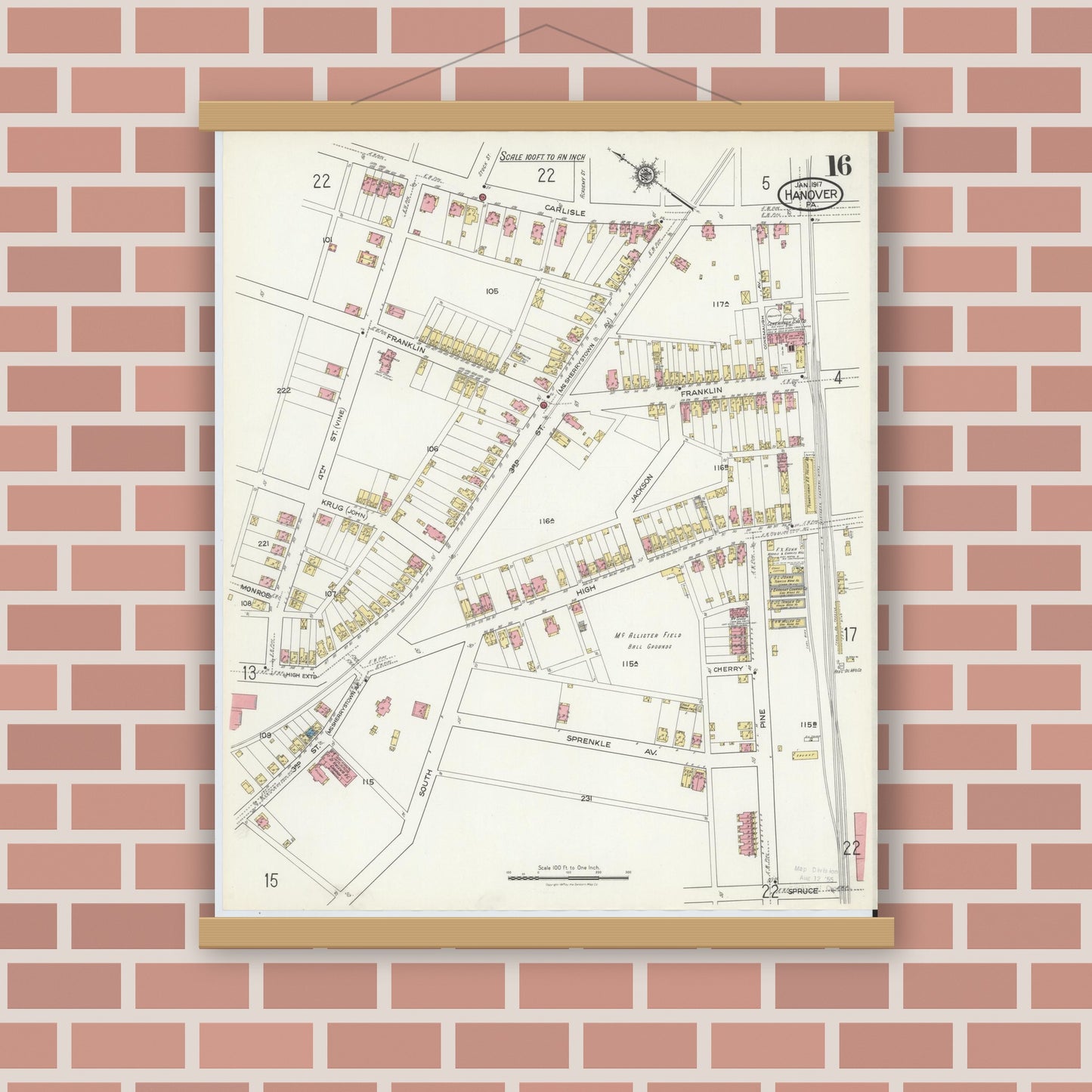 Old map wall art mockup — magnetic wood frame on brick wall — Sanborn Fire Insurance Map from Hanover, York County, Pennsylvania (1917), Sheet #0016
