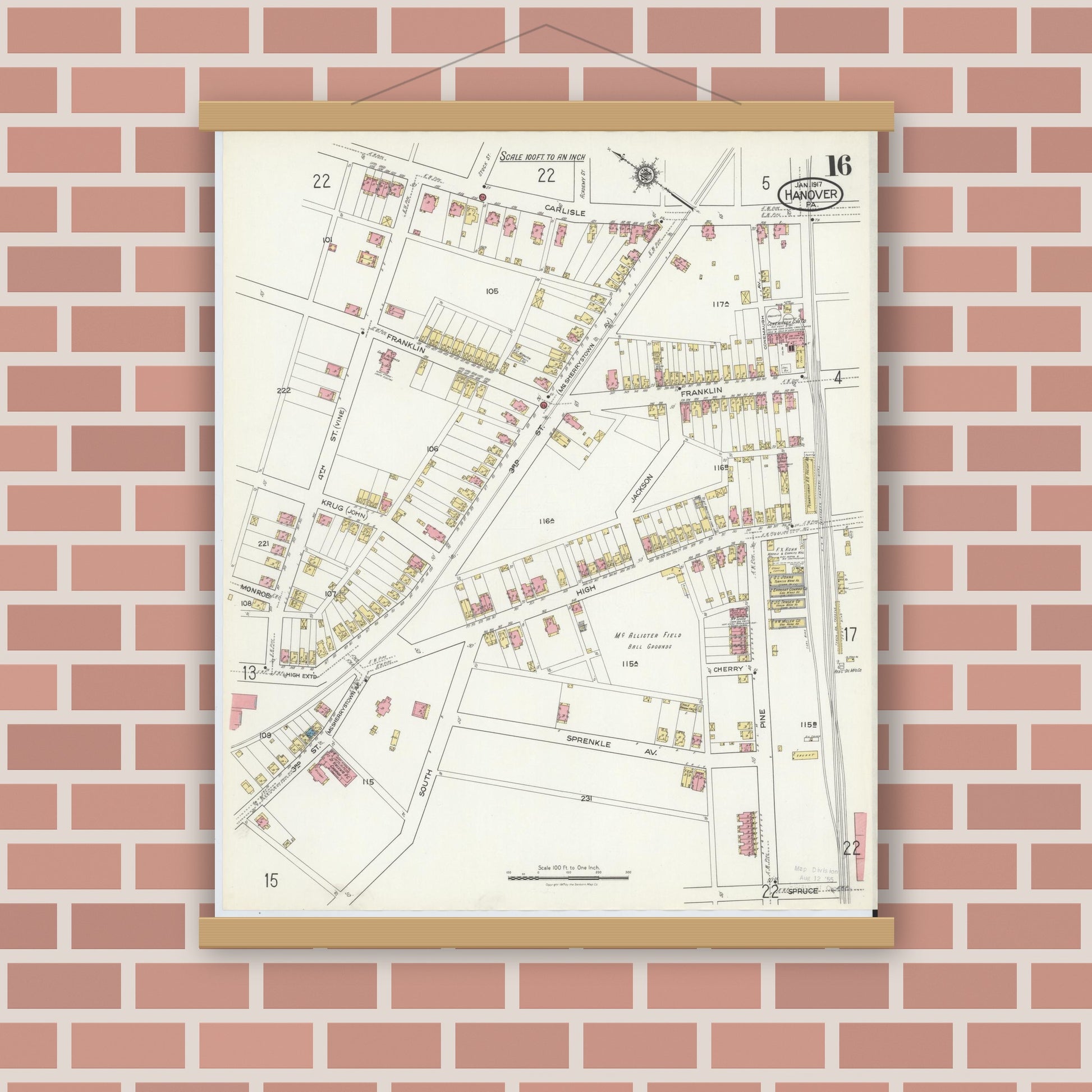 Old map wall art mockup — magnetic wood frame on brick wall — Sanborn Fire Insurance Map from Hanover, York County, Pennsylvania (1917), Sheet #0016