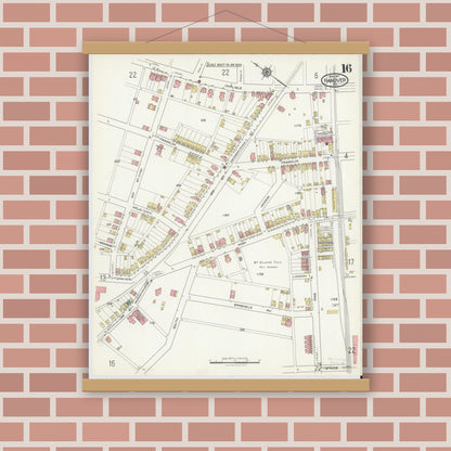 Old map wall art mockup — magnetic wood frame on brick wall — Sanborn Fire Insurance Map from Hanover, York County, Pennsylvania (1917), Sheet #0016