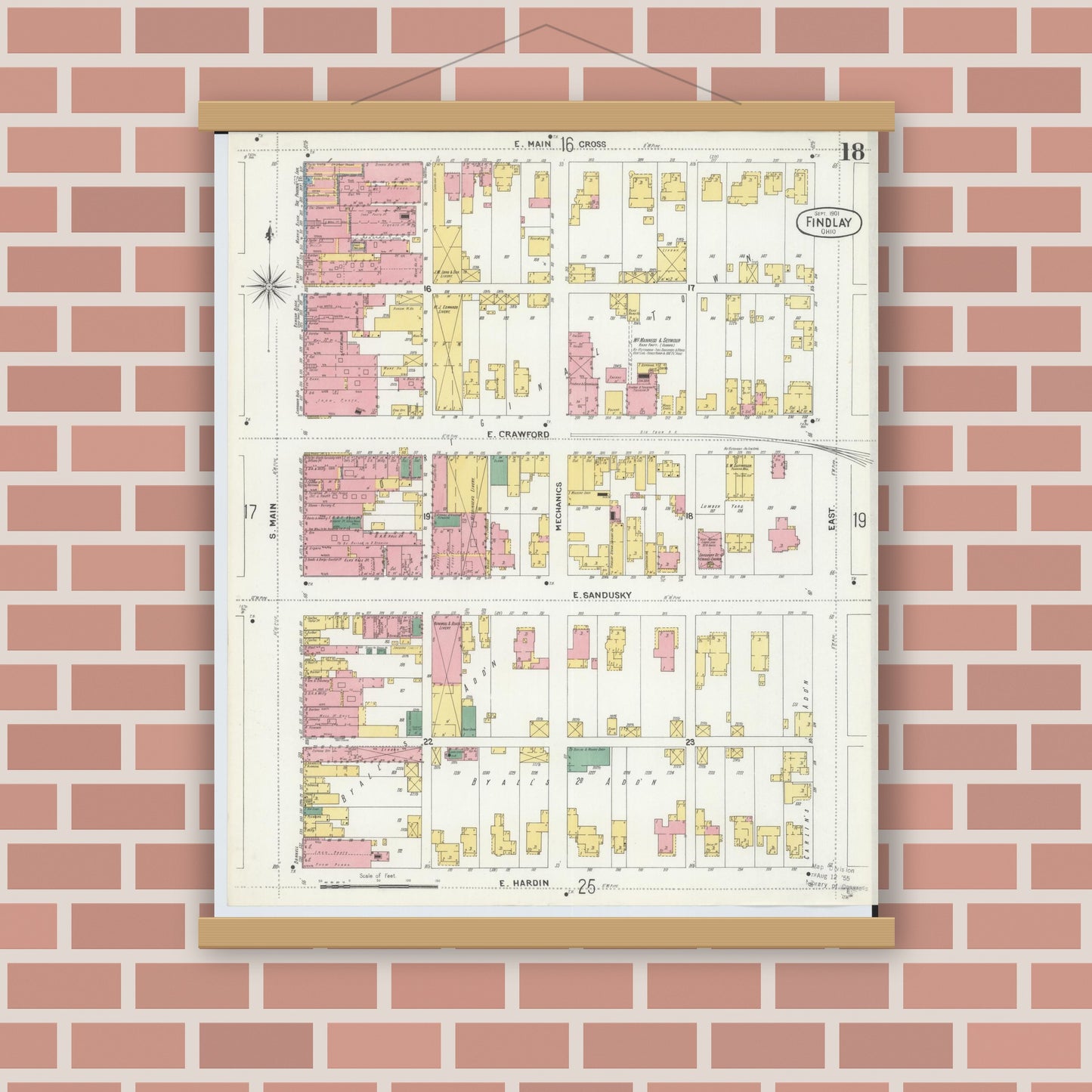 Old map wall art mockup — magnetic wood frame on brick wall — Sanborn Fire Insurance Map from Findlay, Hancock County, Ohio (1901), Sheet #0018