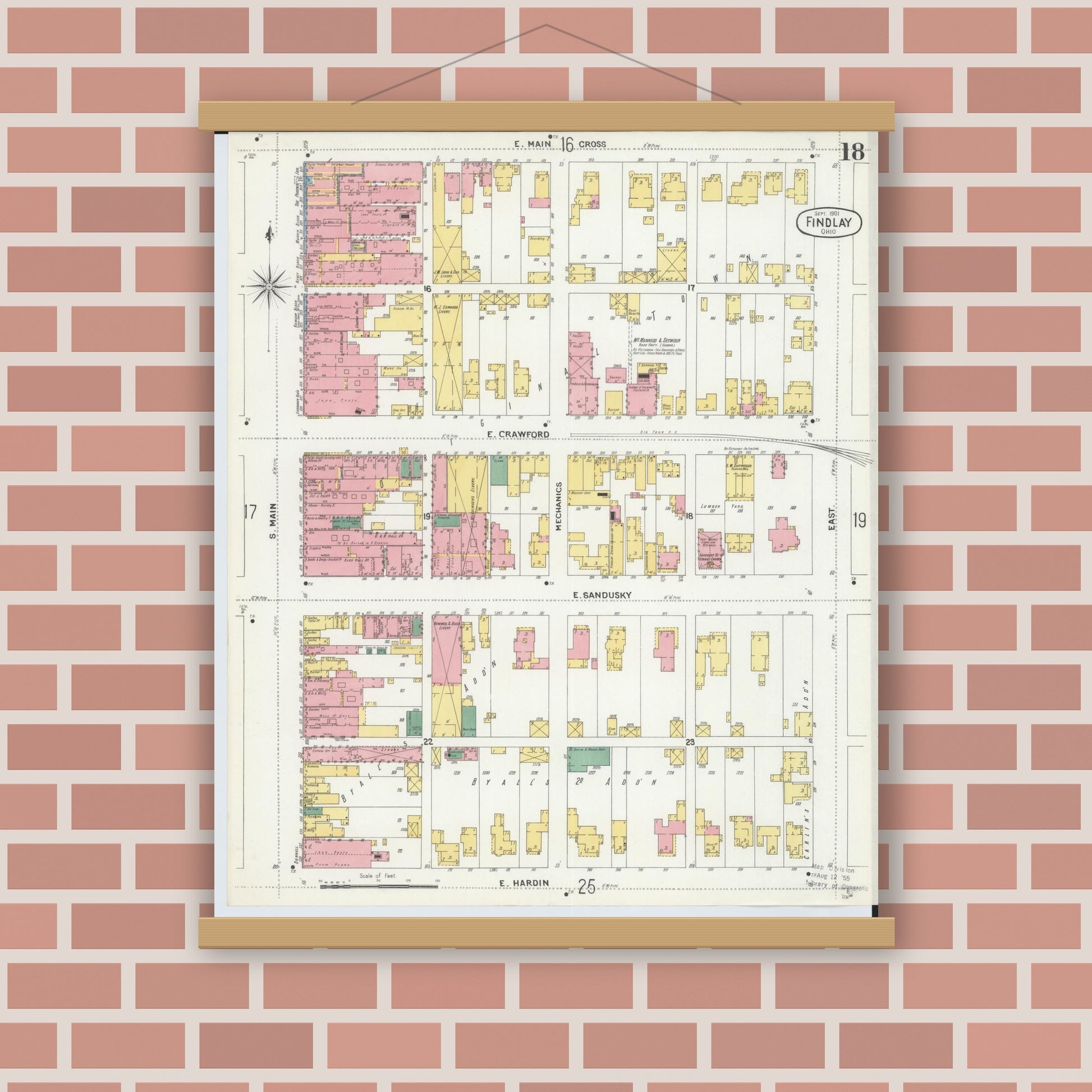 Old map wall art mockup — magnetic wood frame on brick wall — Sanborn Fire Insurance Map from Findlay, Hancock County, Ohio (1901), Sheet #0018