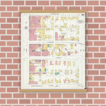 Old map wall art mockup — magnetic wood frame on brick wall — Sanborn Fire Insurance Map from Findlay, Hancock County, Ohio (1901), Sheet #0018