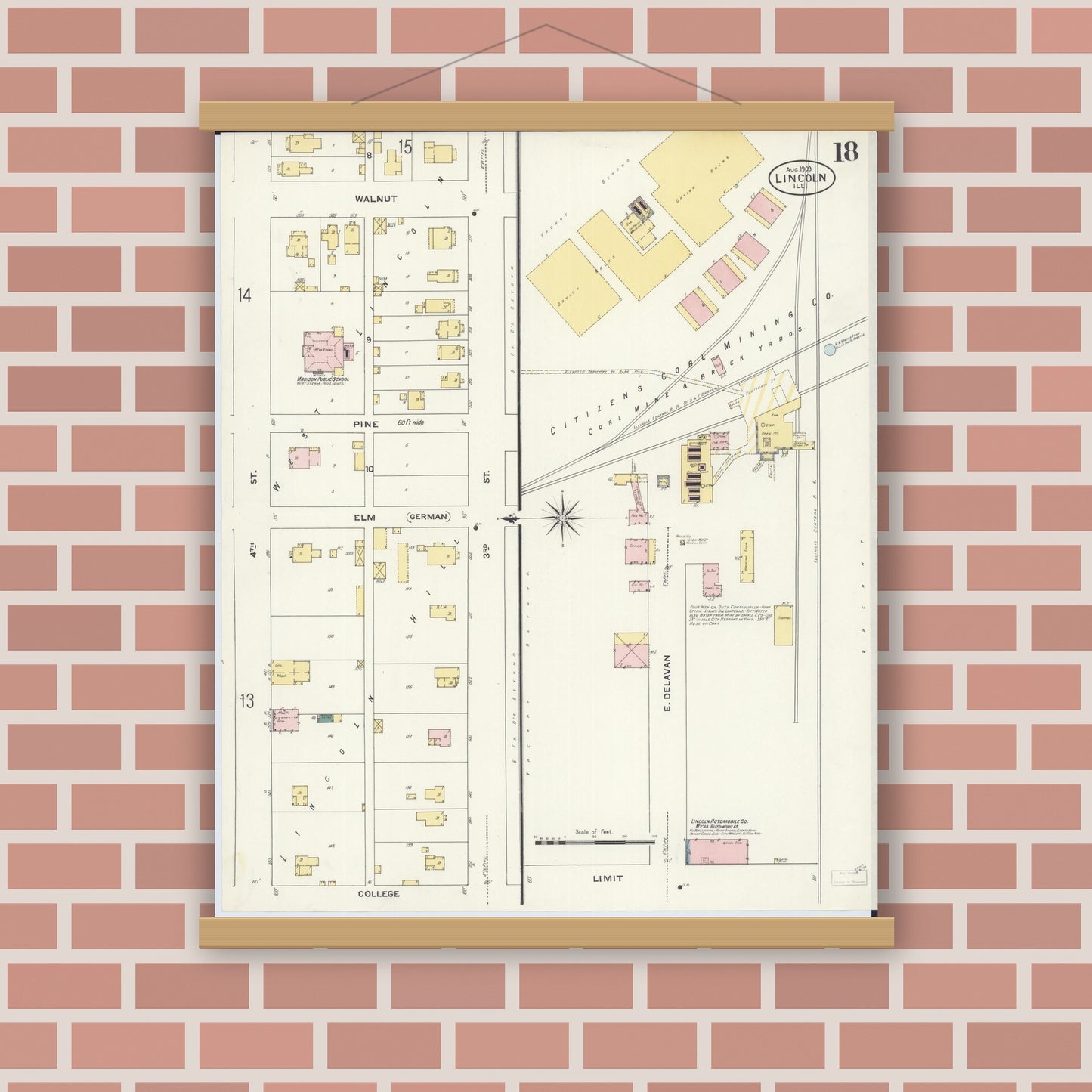 Old map wall art mockup — magnetic wood frame on brick wall — Sanborn Fire Insurance Map from Lincoln, Logan County, Illinois (1909), Sheet #0018