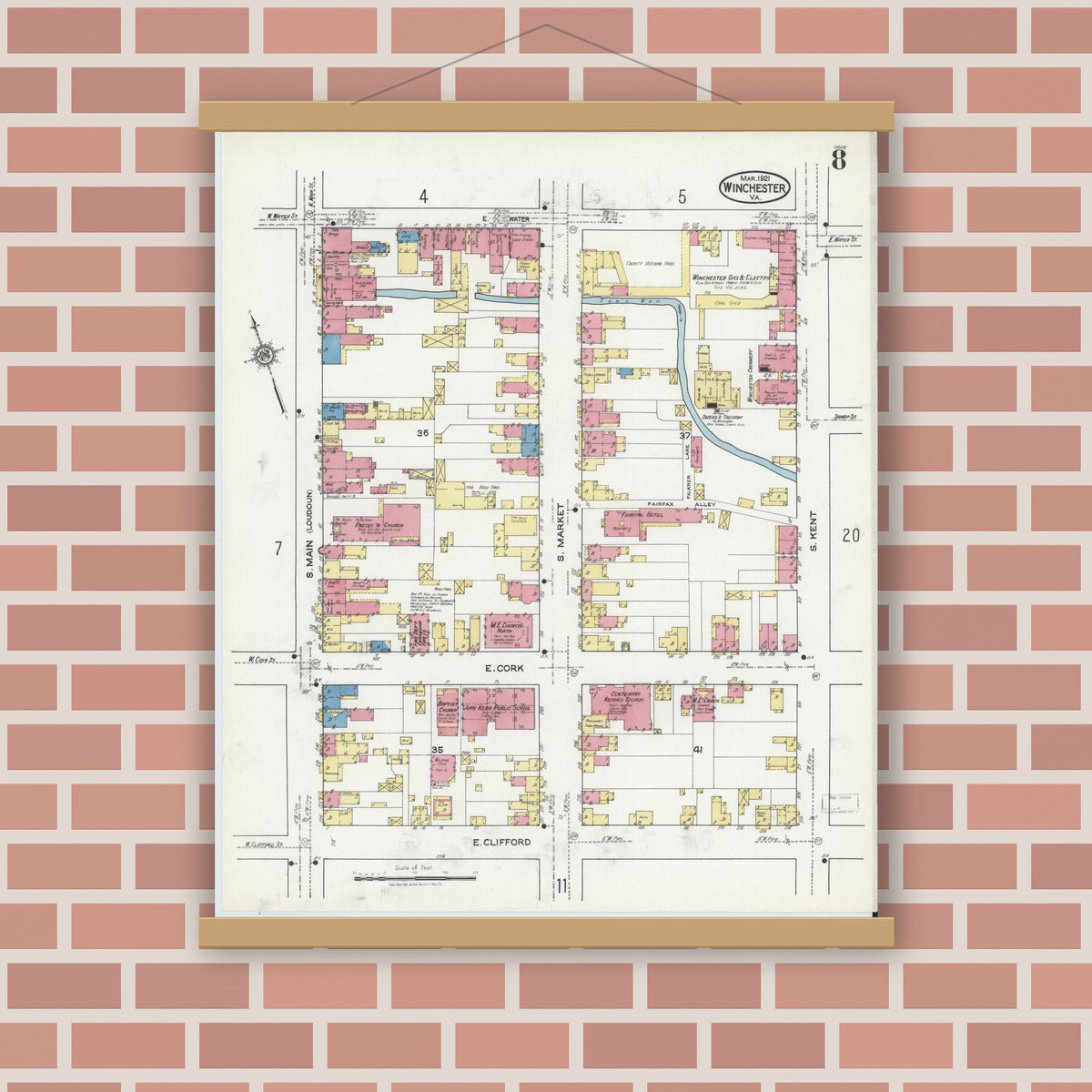 Old map wall art mockup — magnetic wood frame on brick wall — Sanborn Fire Insurance Map from Winchester, Independent Cities, Virginia (1921), Sheet #0008