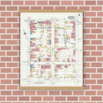 Old map wall art mockup — magnetic wood frame on brick wall — Sanborn Fire Insurance Map from Winchester, Independent Cities, Virginia (1921), Sheet #0008