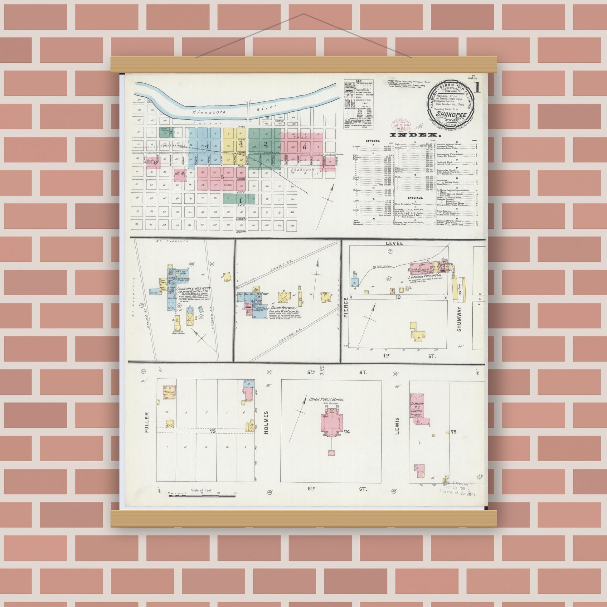 Old map wall art mockup — magnetic wood frame on brick wall — Sanborn Fire Insurance Map from Shakopee, Scott County, Minnesota (1895) - Complete Map Set