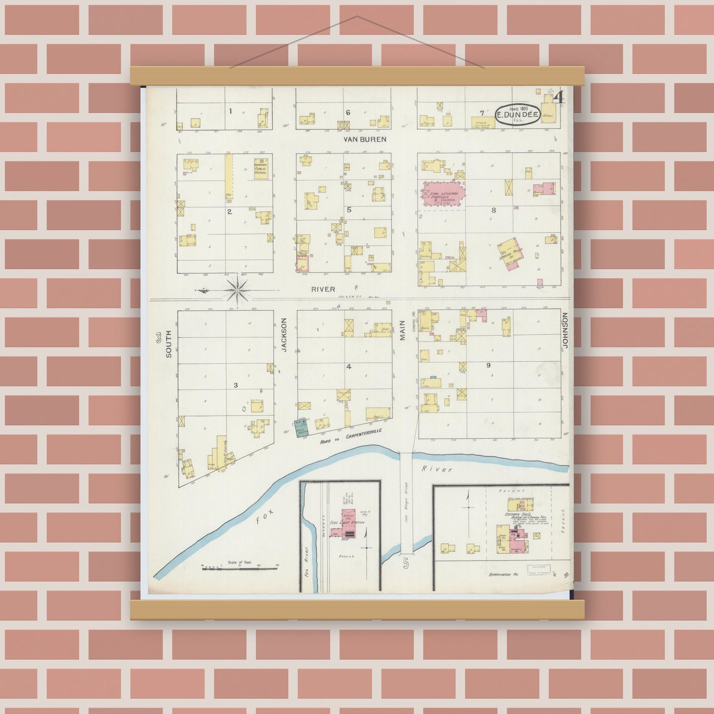 Old map wall art mockup — magnetic wood frame on brick wall — Sanborn Fire Insurance Map from Dundee, Kane County, Illinois (1893), Sheet #0004