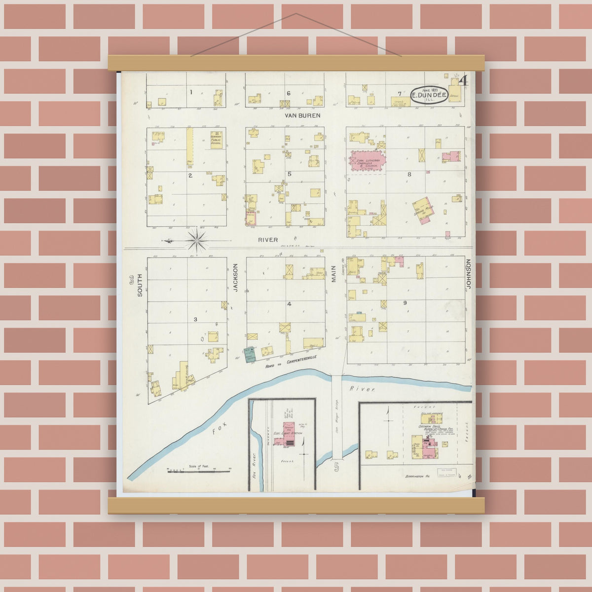 Old map wall art mockup — magnetic wood frame on brick wall — Sanborn Fire Insurance Map from Dundee, Kane County, Illinois (1893), Sheet #0004