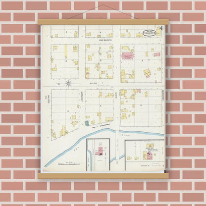 Old map wall art mockup — magnetic wood frame on brick wall — Sanborn Fire Insurance Map from Dundee, Kane County, Illinois (1893), Sheet #0004