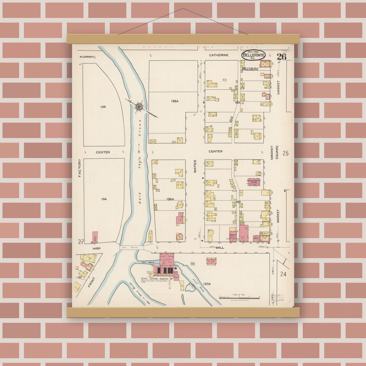 Old map wall art mockup — magnetic wood frame on brick wall — Sanborn Fire Insurance Map from Bellefonte, Centre County, Pennsylvania (1922), Sheet #0026
