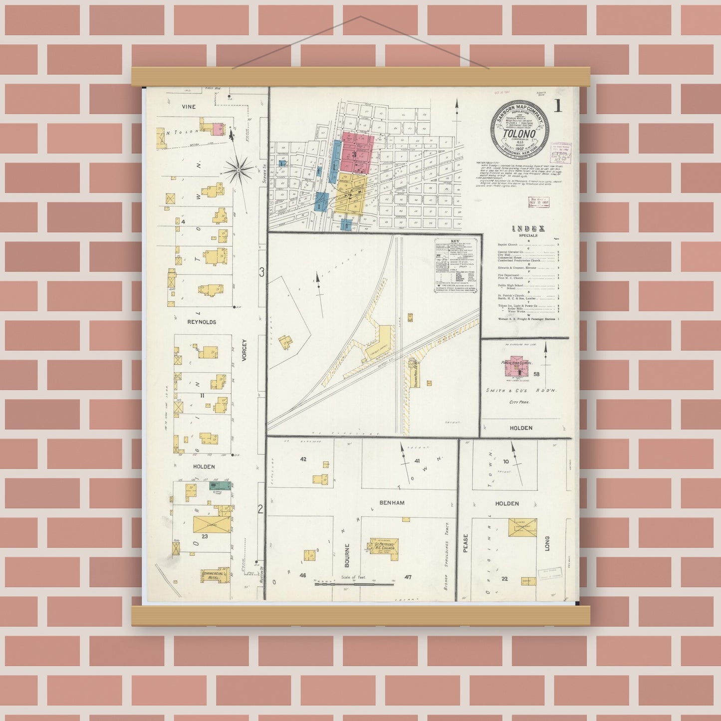 Old map wall art mockup — magnetic wood frame on brick wall — Sanborn Fire Insurance Map from Tolono, Champaign County, Illinois (1907) - Complete Map Set