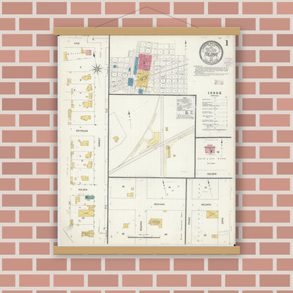 Old map wall art mockup — magnetic wood frame on brick wall — Sanborn Fire Insurance Map from Tolono, Champaign County, Illinois (1907) - Complete Map Set